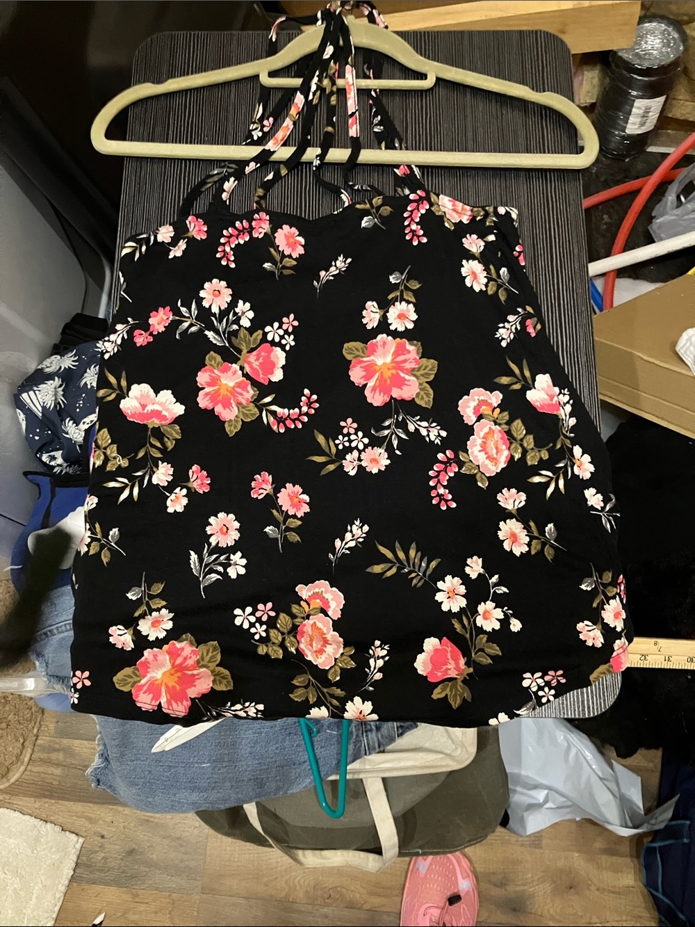 Floral Double-Strap Cami Top - Black with Pink Flowers - Picture 7 of 9